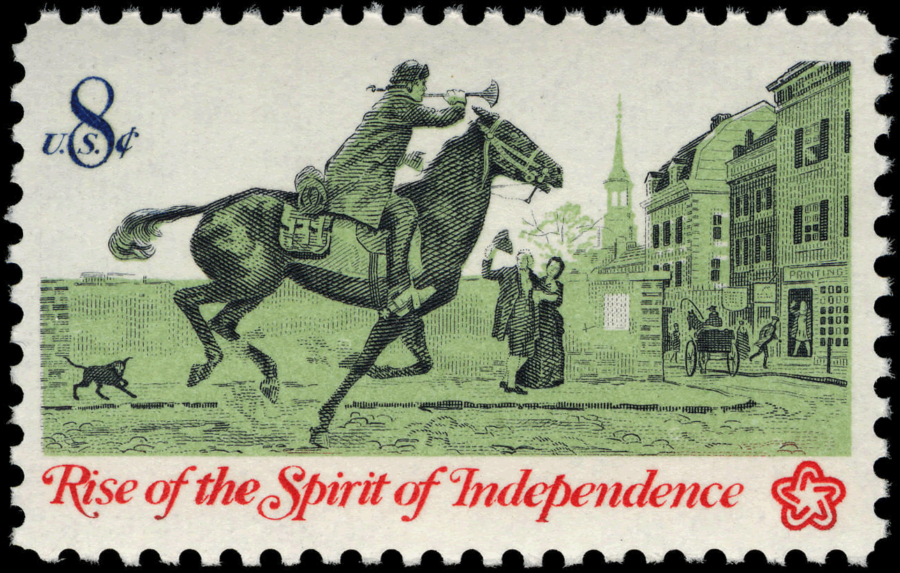 Colonial post roads 8-cent Post Rider commemorative stamp - 1973 American Bicentennial Communications Issue. Shows rider on horseback heading into colonial city. #colonialpostroads #americanRevolution #1776 #carryingindependence