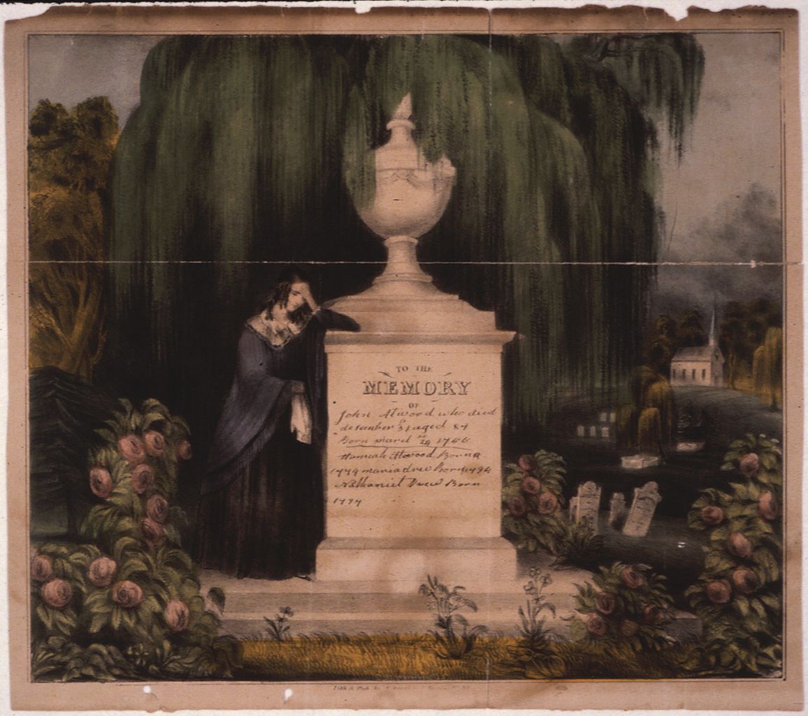 Illustration of a woman in mourning, leaning against a cemetery monument of stone. The woman is weeping. Behind her to reiterate here worries, is a weeping willow tree. 