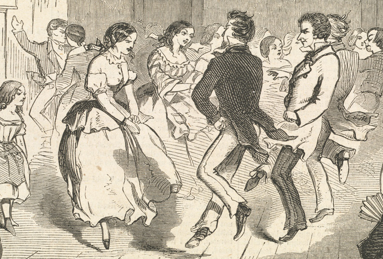 ContraDance illustration of women and men performing the group dance as drawn by Winslow Homer.
