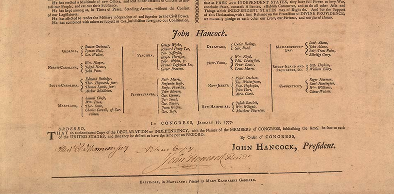 A portion of the lower half of the Mary Katharine Goddard broadside copy of the Declaration of Independence. January 1777.